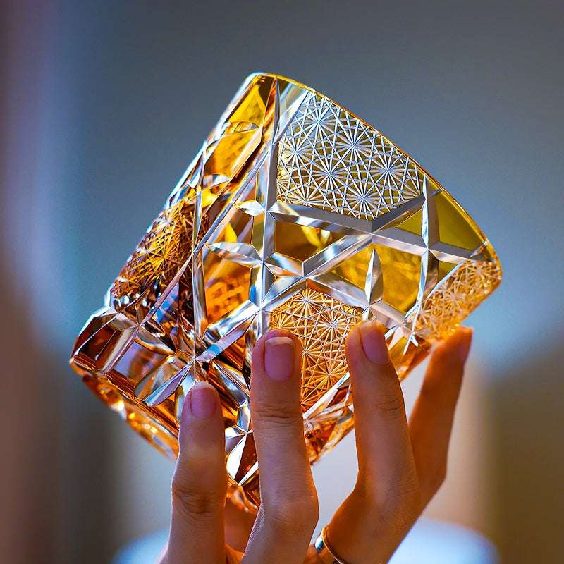 ClayWhispers Handcrafted Amber Crane Lightning Whisky Glass With Wooden Box