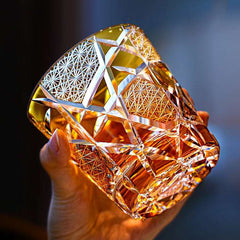 ClayWhispers Handcrafted Amber Crane Lightning Whisky Glass With Wooden Box