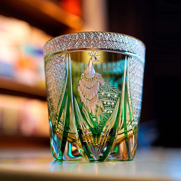 ClayWhispers Handcrafted Emerald Peacock Whisky Glass With Wooden Box