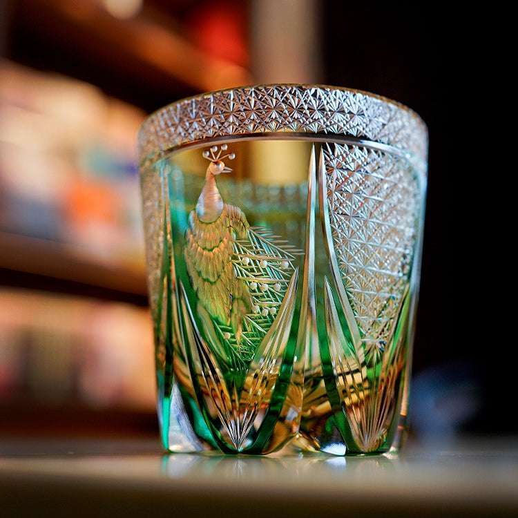 ClayWhispers Handcrafted Emerald Peacock Whisky Glass With Wooden Box