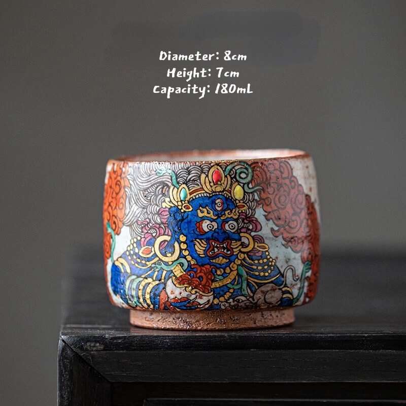 Hand-Painted Mahakala Tea Cup - Wabi-Sabi Style Ceramic Chawan - Jiujue Tang Artisan Collection