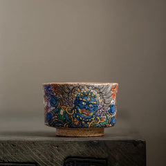 Hand-Painted Mahakala Tea Cup - Wabi-Sabi Style Ceramic Chawan