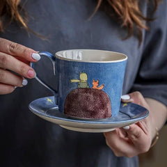 Hand-Painted Little Prince Coffee Set - Ceramic Mug & Saucer, Unique Couple's Gift for Birthday/Wedding