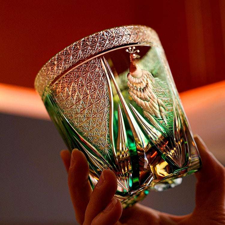 ClayWhispers Handcrafted Emerald Peacock Whisky Glass With Wooden Box