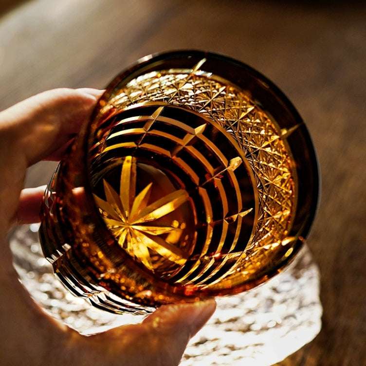 ClayWhispers Handcrafted Diamond Amber Whisky Glass With Wooden Box