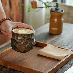 Handcrafted Wood-Fired Ceramic Coffee Mug – Clay Carved Texture Rustic Pottery Cup