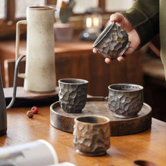 Handcrafted Wood-Fired Ceramic Coffee Mug – Clay Carved Texture Rustic Pottery Cup