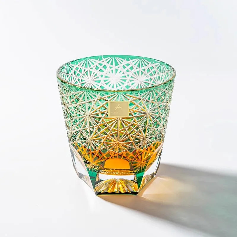 Edo Kiriko Handcrafted Lead-Free Emerald Starburst Crystal Whiskey Glass-320ML