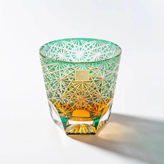 Edo Kiriko Handcrafted Lead-Free Emerald Starburst Crystal Whiskey Glass-320ML