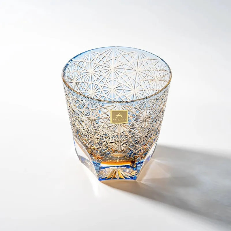 Edo Kiriko Handcrafted Blue Daisy Lead-Free Crystal Whiskey Glass-320ML