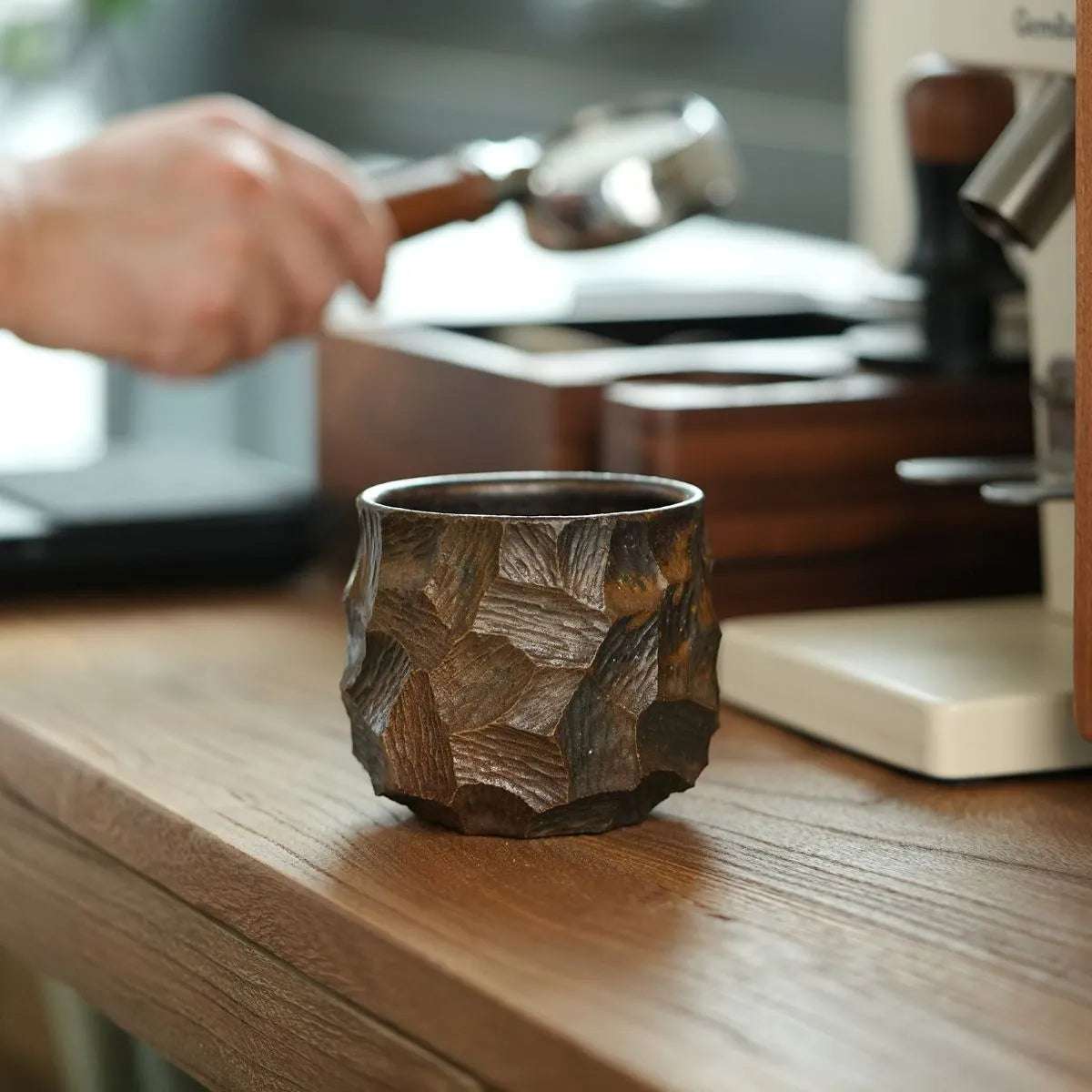 Handcrafted Wood-Fired Ceramic Coffee Mug – Clay Carved Texture Rustic Pottery Cup