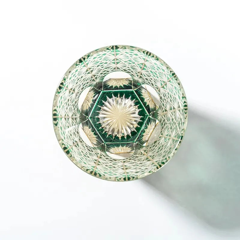 Edo Kiriko Handcrafted Lead-Free Emerald Starburst Crystal Whiskey Glass-320ML