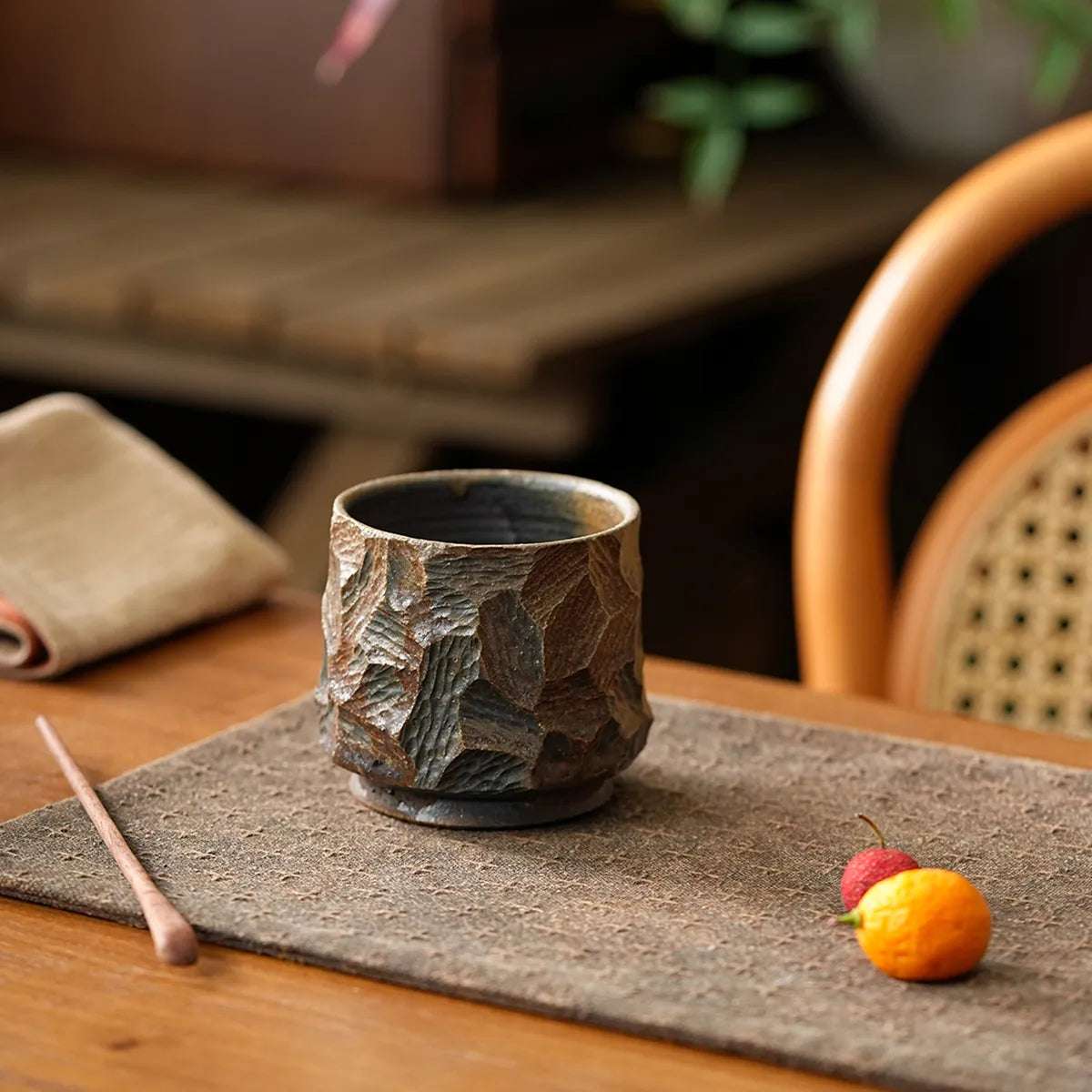 Handcrafted Wood-Fired Ceramic Coffee Mug – Clay Carved Texture Rustic Pottery Cup