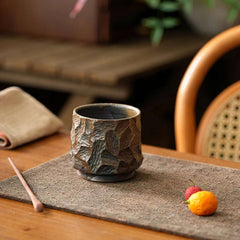 Handcrafted Wood-Fired Ceramic Coffee Mug – Clay Carved Texture Rustic Pottery Cup