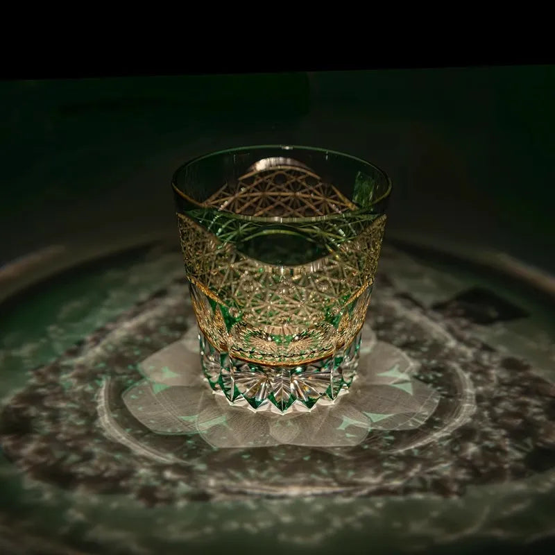 Edo Kiriko Handcrafted Emerald Pattern Lead-Free Crystal Whiskey Glass-320ML