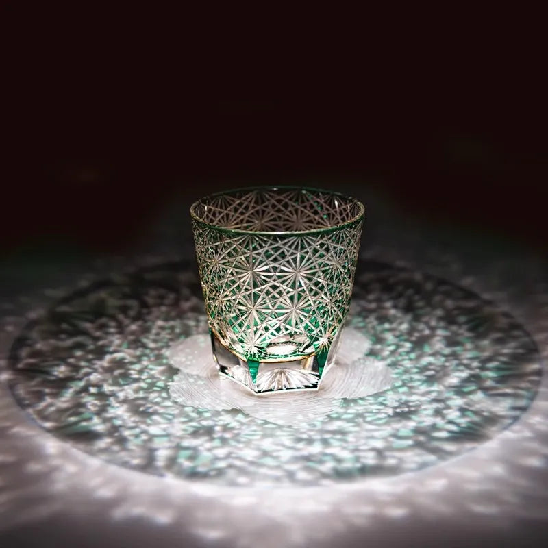 Edo Kiriko Handcrafted Lead-Free Emerald Starburst Crystal Whiskey Glass-320ML