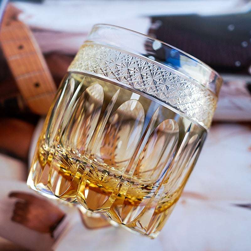 ClayWhispers Handcrafted Amber Celestial Whiskey Glass With Wooden Box