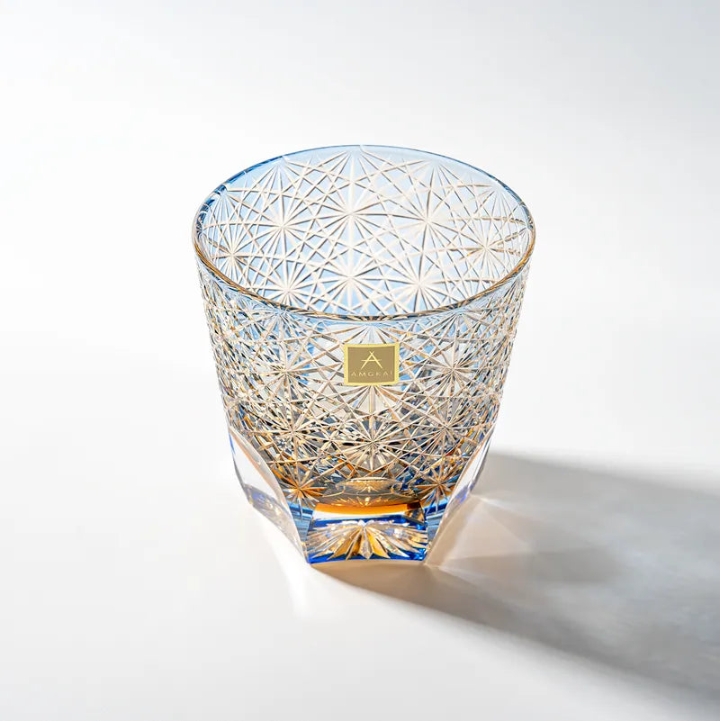 Edo Kiriko Handcrafted Blue Daisy Lead-Free Crystal Whiskey Glass-320ML