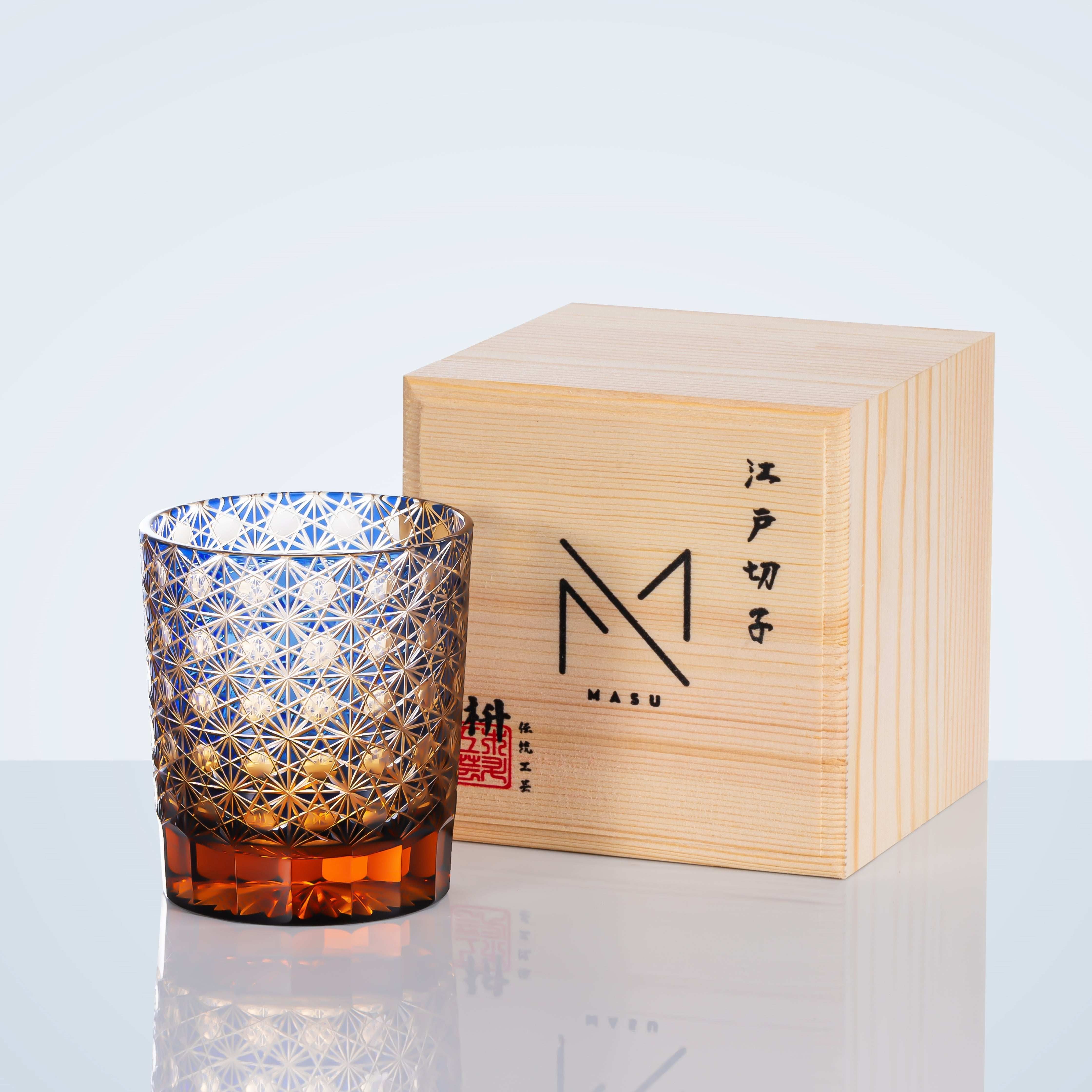 ClayWhispers Handcrafted Amber Star Chrysanthemum Whisky Glasses With Wooden Box