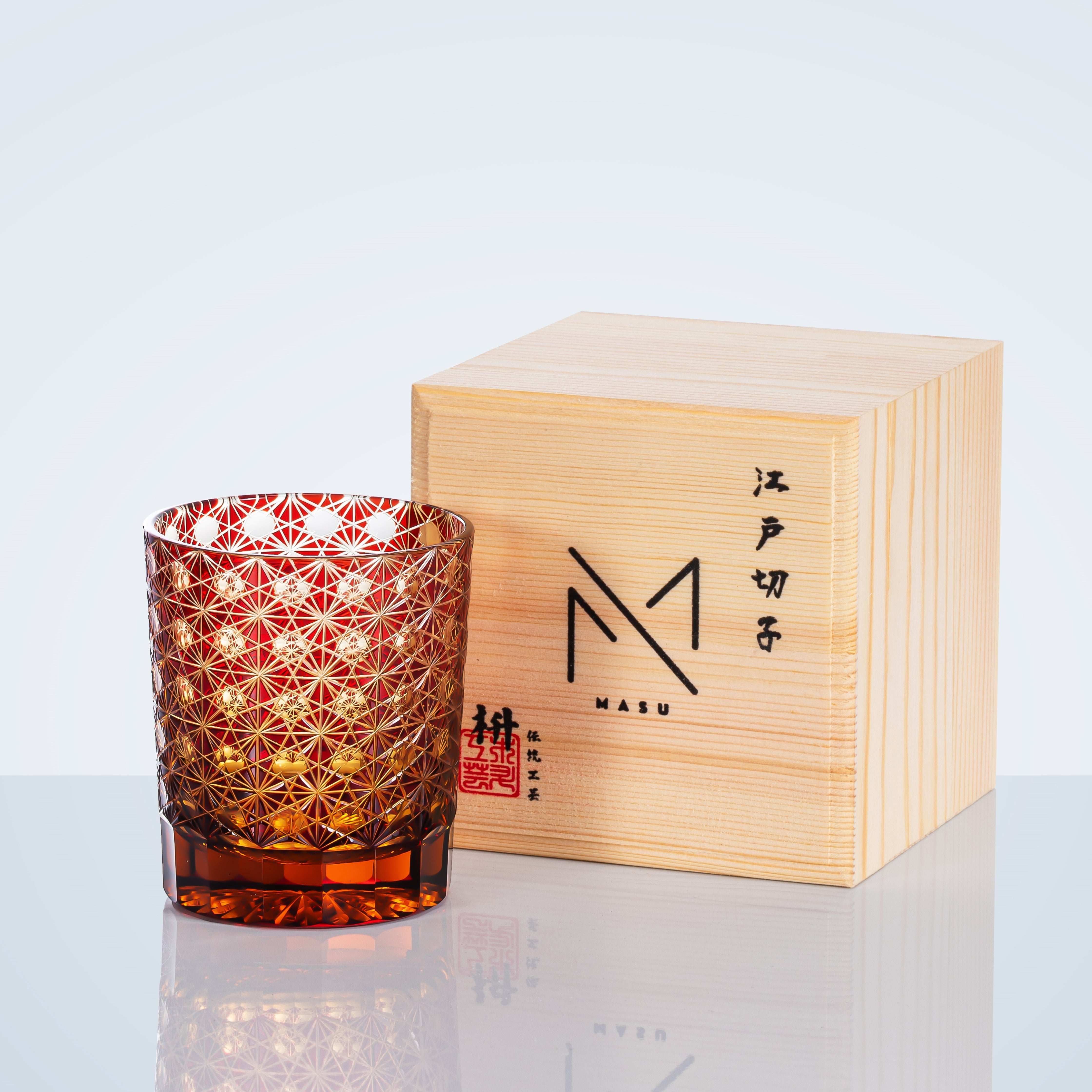 ClayWhispers Handcrafted Amber Star Chrysanthemum Whisky Glasses With Wooden Box