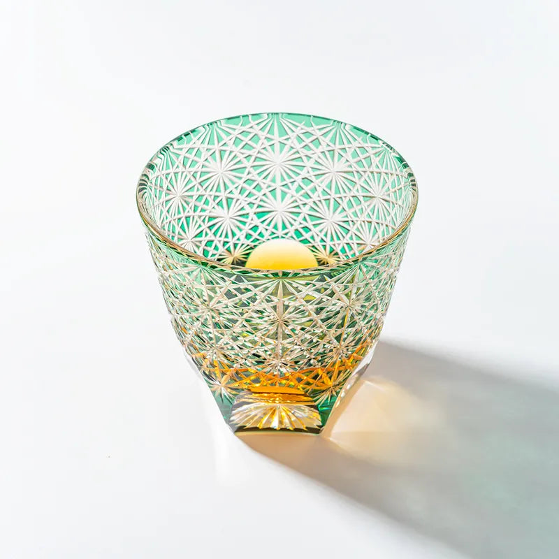 Edo Kiriko Handcrafted Lead-Free Emerald Starburst Crystal Whiskey Glass-320ML