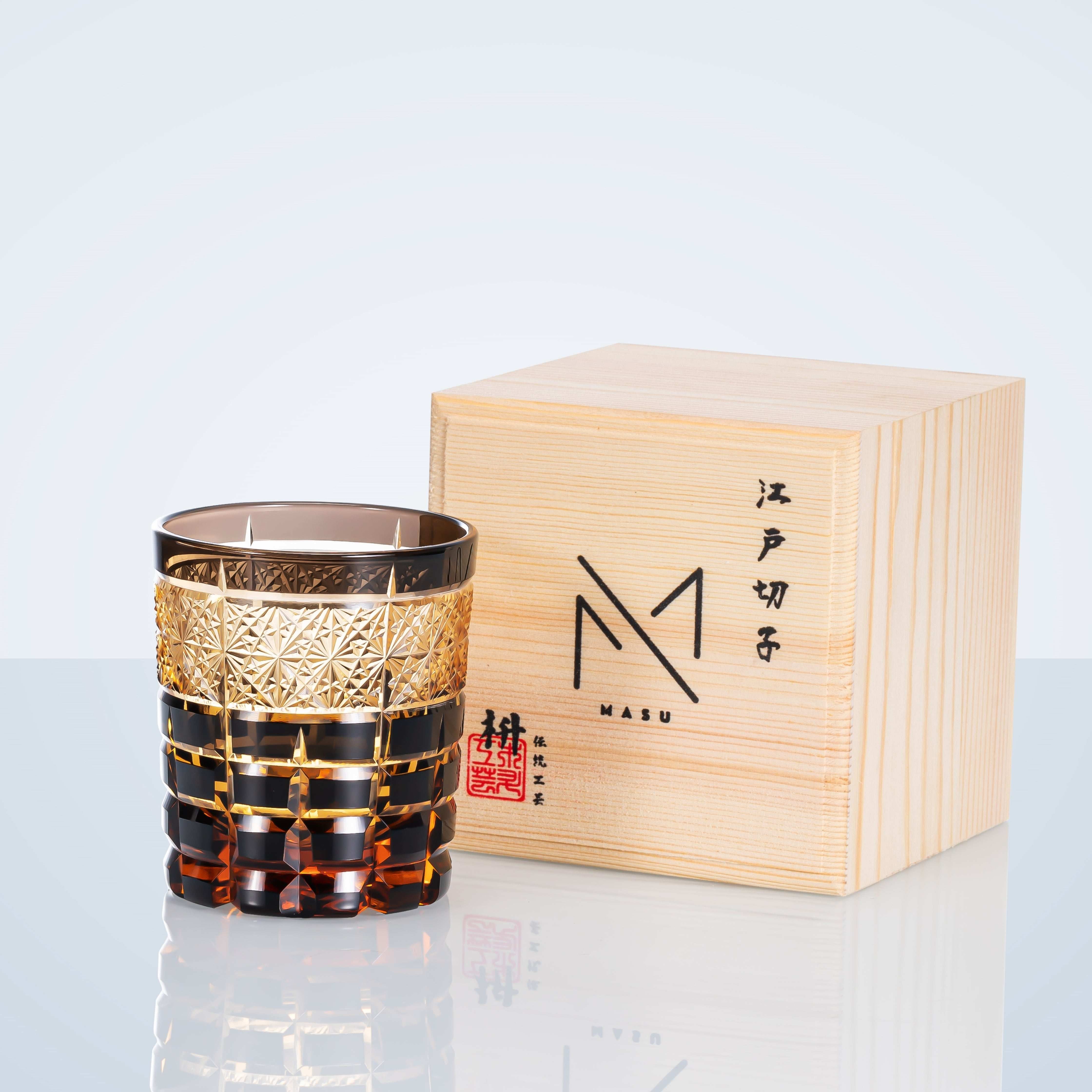 ClayWhispers Handcrafted Diamond Amber Whisky Glass With Wooden Box