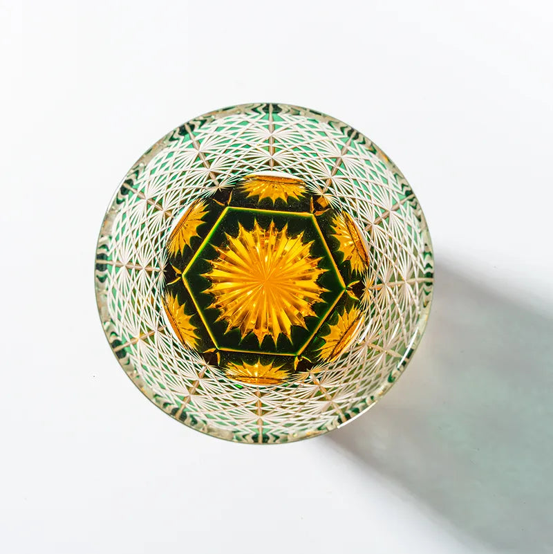 Edo Kiriko Handcrafted Lead-Free Emerald Starburst Crystal Whiskey Glass-320ML