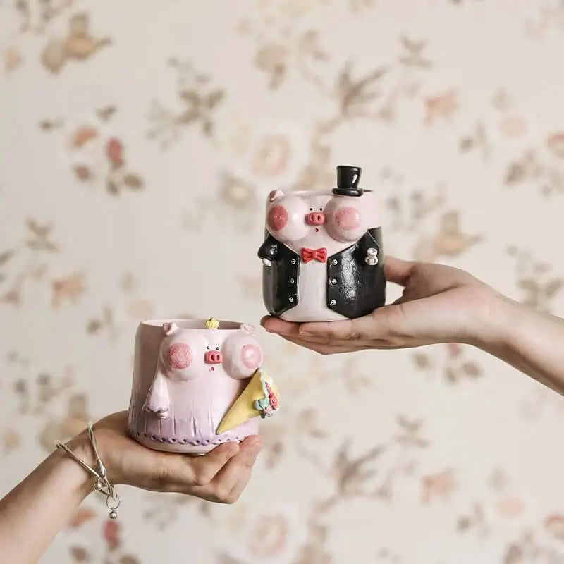 French Romantic Couple Mug - Wedding Piggy Coffee Cup Set, Bride & Groom Gift for Newlyweds