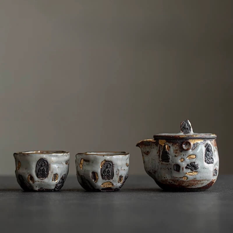Handmade Dunhuang-Inspired Wabi-Sabi Tea Set - Minimalist Ceramic Brewing Kit with Organic Texture
