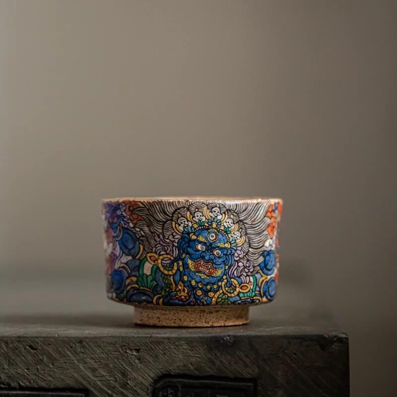 Hand-Painted Mahakala Tea Cup - Wabi-Sabi Style Ceramic Chawan - Jiujue Tang Artisan Collection