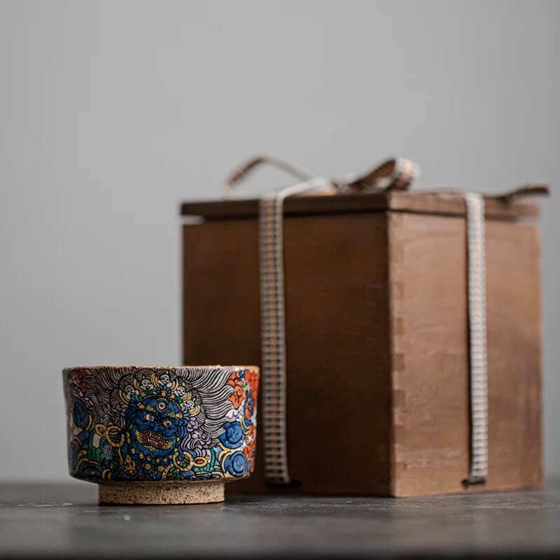 Hand-Painted Mahakala Tea Cup - Wabi-Sabi Style Ceramic Chawan - Jiujue Tang Artisan Collection