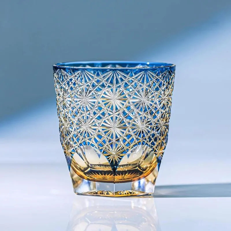 Edo Kiriko Handmade Lead-Free Blue Starburst Crystal Whiskey Glass