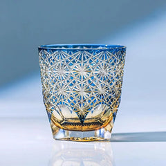 Edo Kiriko Handmade Lead-Free Blue Starburst Crystal Whiskey Glass
