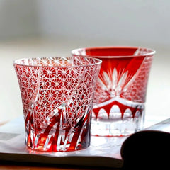Edo Kiriko Red Chrysanthemum Whiskey Glass – Japanese Hand-Cut Crystal Old Fashioned Tumbler