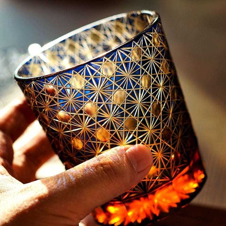 ClayWhispers Handcrafted Amber Star Chrysanthemum Whisky Glasses With Wooden Box