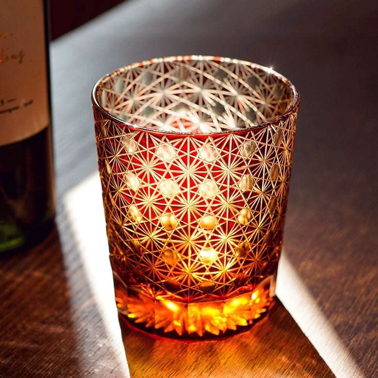 ClayWhispers Handcrafted Amber Star Chrysanthemum Whisky Glasses With Wooden Box