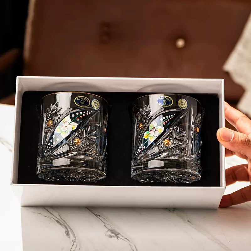 ClayWhispers Bohemia Floral Enamel Crystal Whisky Glasses Gift Set Of Two