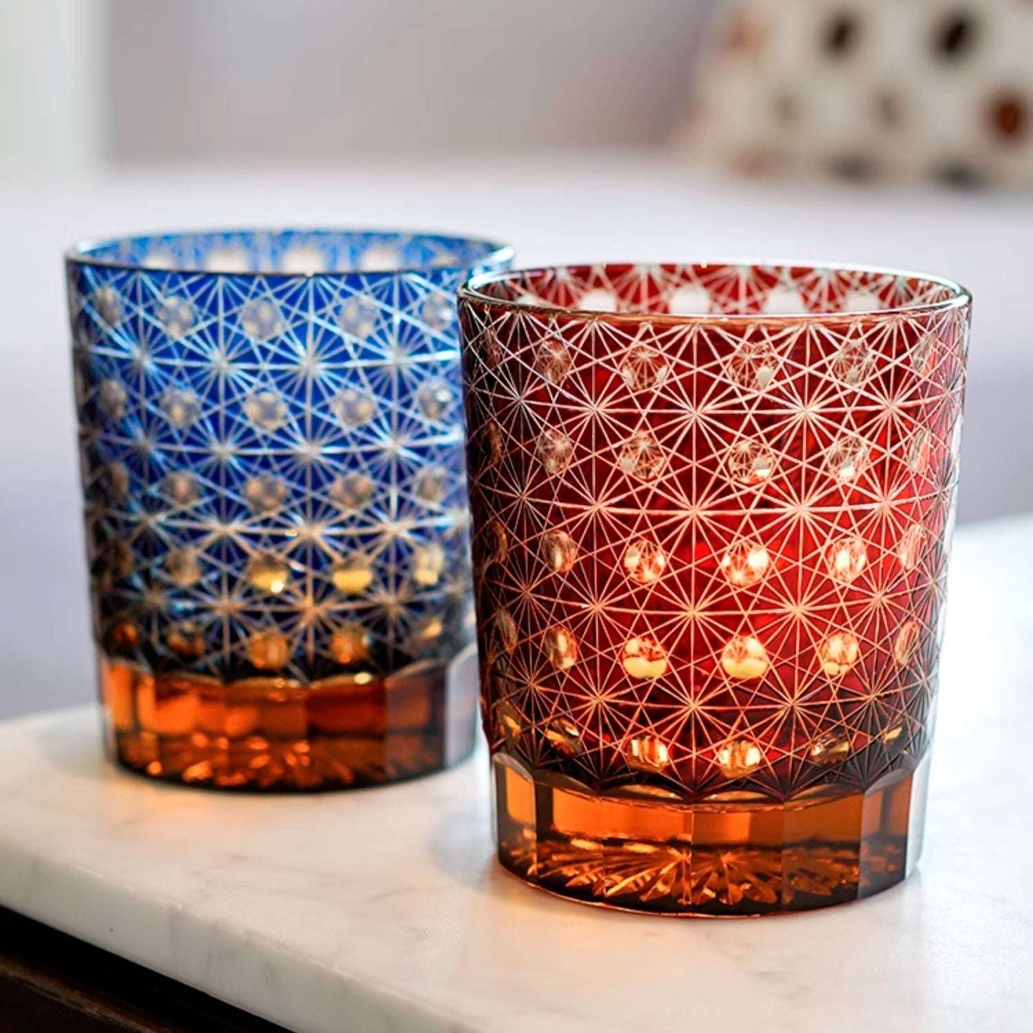 ClayWhispers Handcrafted Amber Star Chrysanthemum Whisky Glasses With Wooden Box