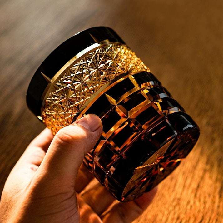 ClayWhispers Handcrafted Diamond Amber Whisky Glass With Wooden Box