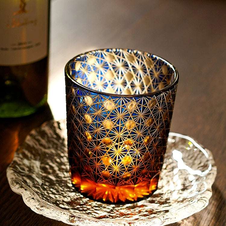 ClayWhispers Handcrafted Amber Star Chrysanthemum Whisky Glasses With Wooden Box