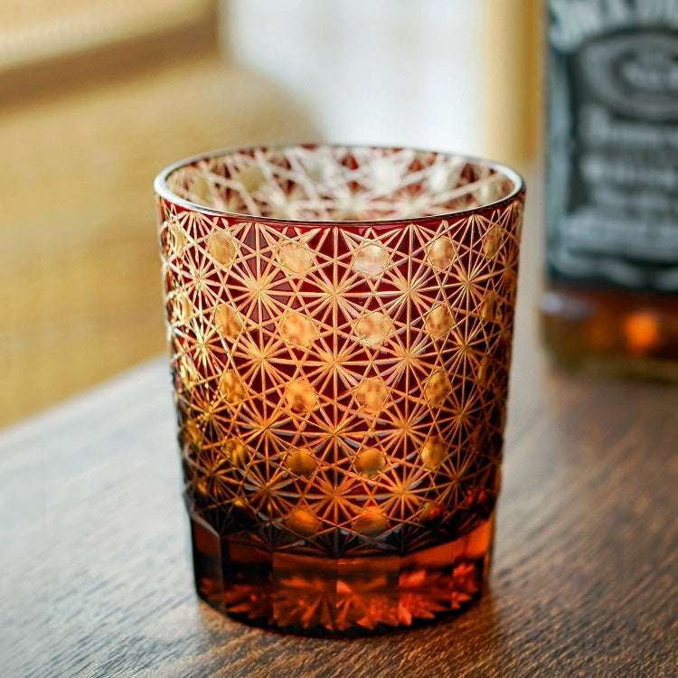 ClayWhispers Handcrafted Amber Star Chrysanthemum Whisky Glasses With Wooden Box