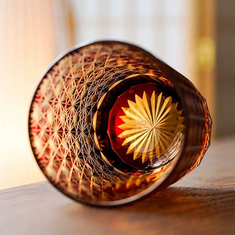 ClayWhispers Handcrafted Amber Star Chrysanthemum Whisky Glasses With Wooden Box