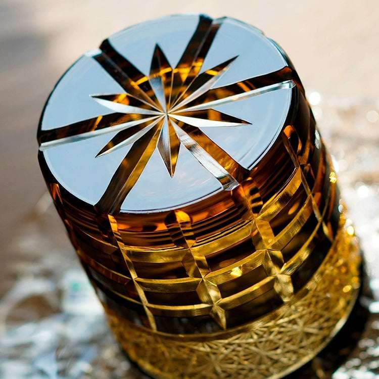 ClayWhispers Handcrafted Diamond Amber Whisky Glass With Wooden Box