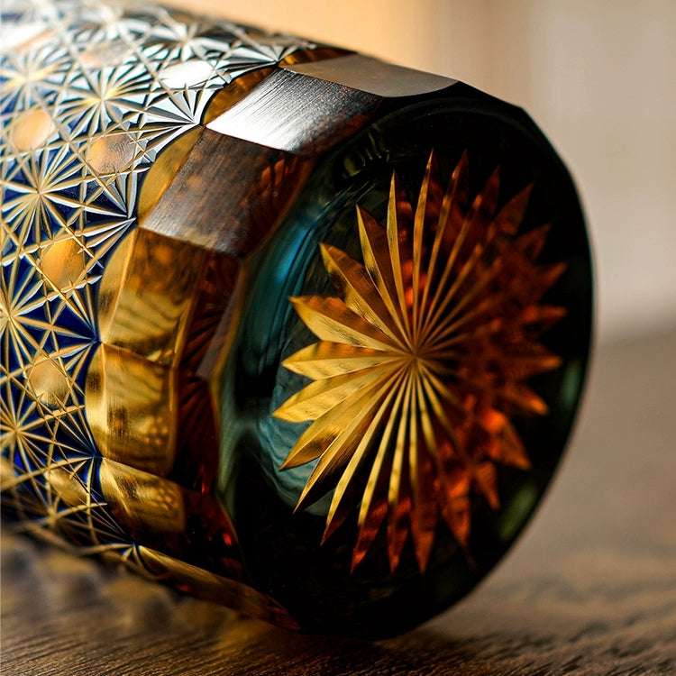 ClayWhispers Handcrafted Amber Star Chrysanthemum Whisky Glasses With Wooden Box
