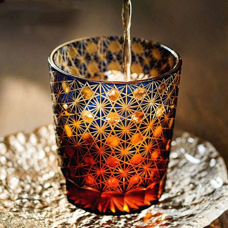 ClayWhispers Handcrafted Amber Star Chrysanthemum Whisky Glasses With Wooden Box