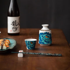Kutaniyaki Gold Foil Blue Peony Sake Set