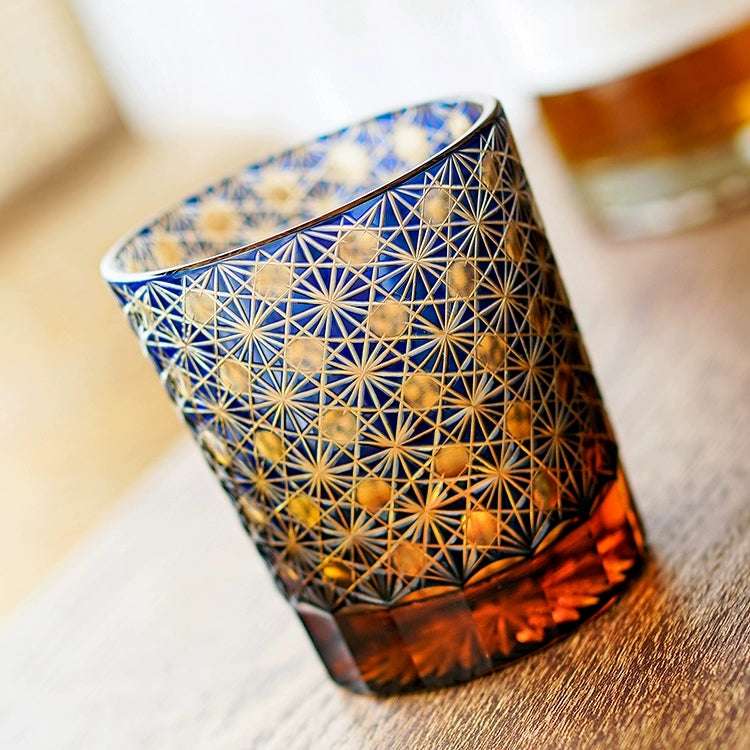 ClayWhispers Handcrafted Amber Star Chrysanthemum Whisky Glasses With Wooden Box