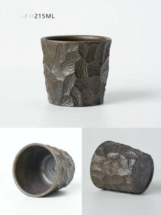 Handcrafted Wood-Fired Ceramic Coffee Mug – Clay Carved Texture Rustic Pottery Cup