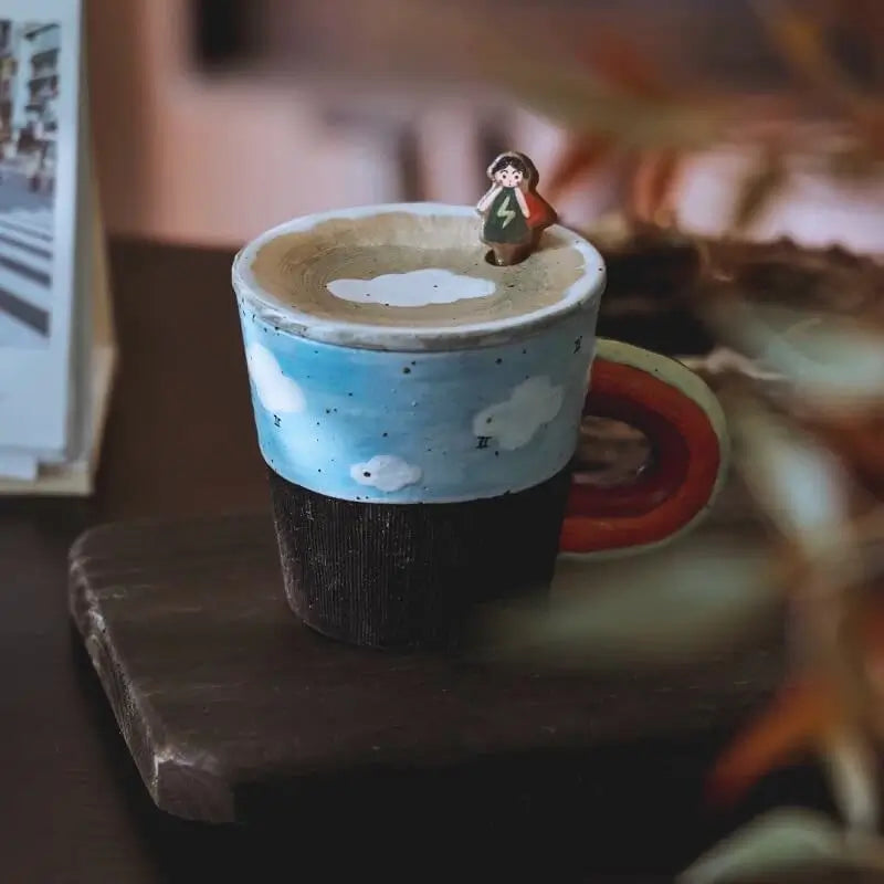 Whimsical Couple's Mug Set - Cartoon Ceramic Cups with Lids & Spoons, Cute Drinkware for Coffee/Milk