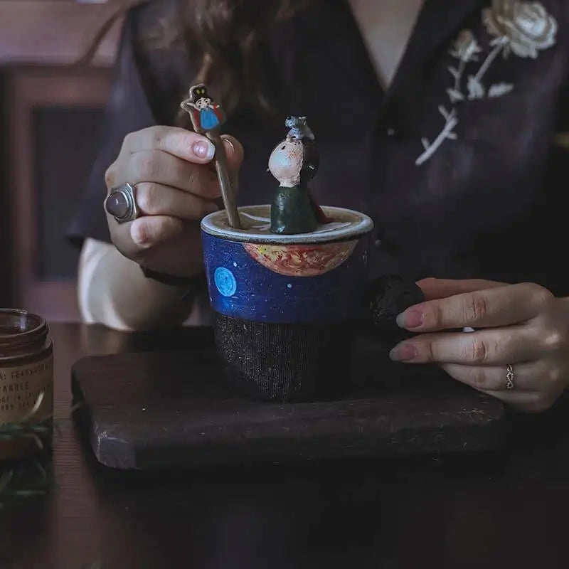Whimsical Couple's Mug Set - Cartoon Ceramic Cups with Lids & Spoons, Cute Drinkware for Coffee/Milk